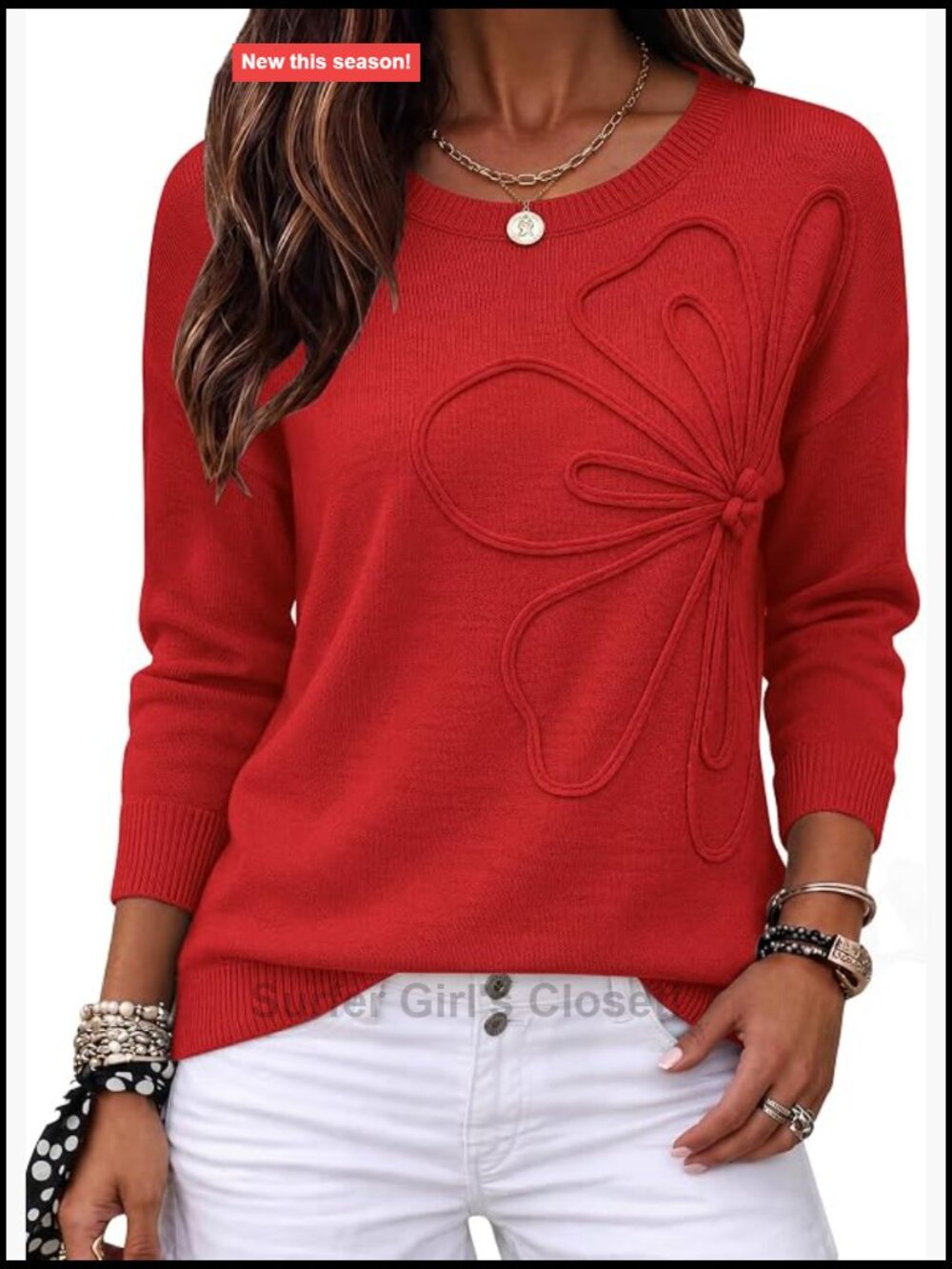3D Floral Applique Crewneck Long Sleeve Knit Pullover Sweater
